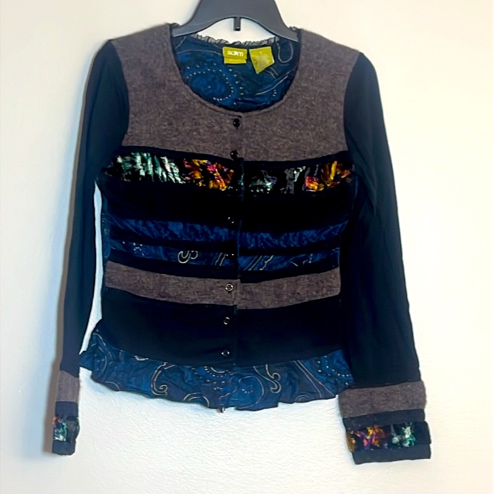 Acorn Wool Velvet Patchwork Button Front Mixed Media Sweater Cardigan Small